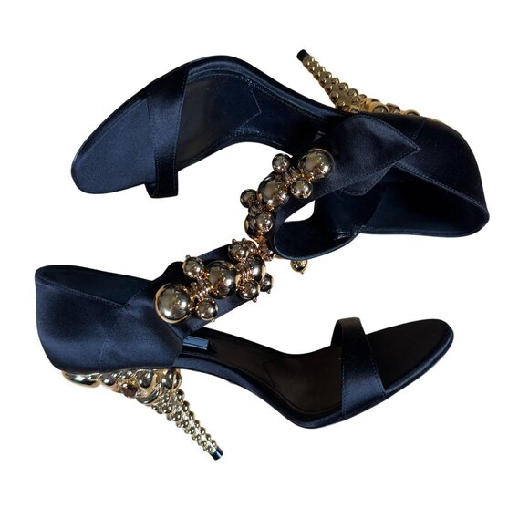 Prada Authentic Black Satin Embellished Gold Ball Mary Jane Heels Shoes Size 38 - Picture 8 of 14